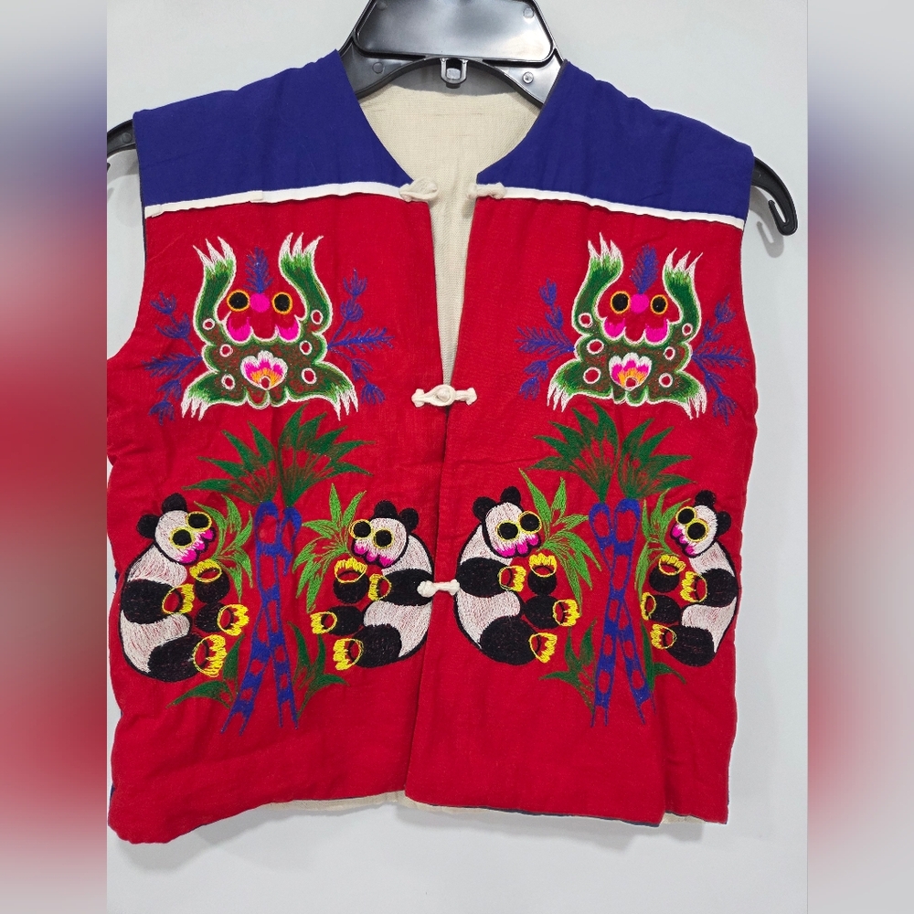 Vintage 80's Chinese Folk Art Vests Patchwork Embroidered Animals Handmade Kids